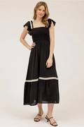Contrast Detail Smocked Ruffle Midi Dress
