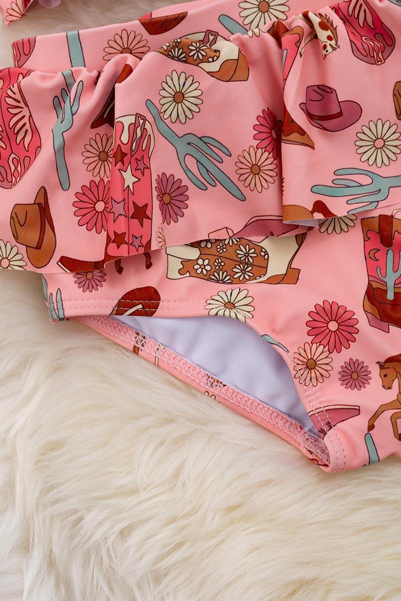 Smocked Bikini Swimsuit with Western Print