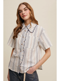 Striped Embroidered Button-Down Blouse