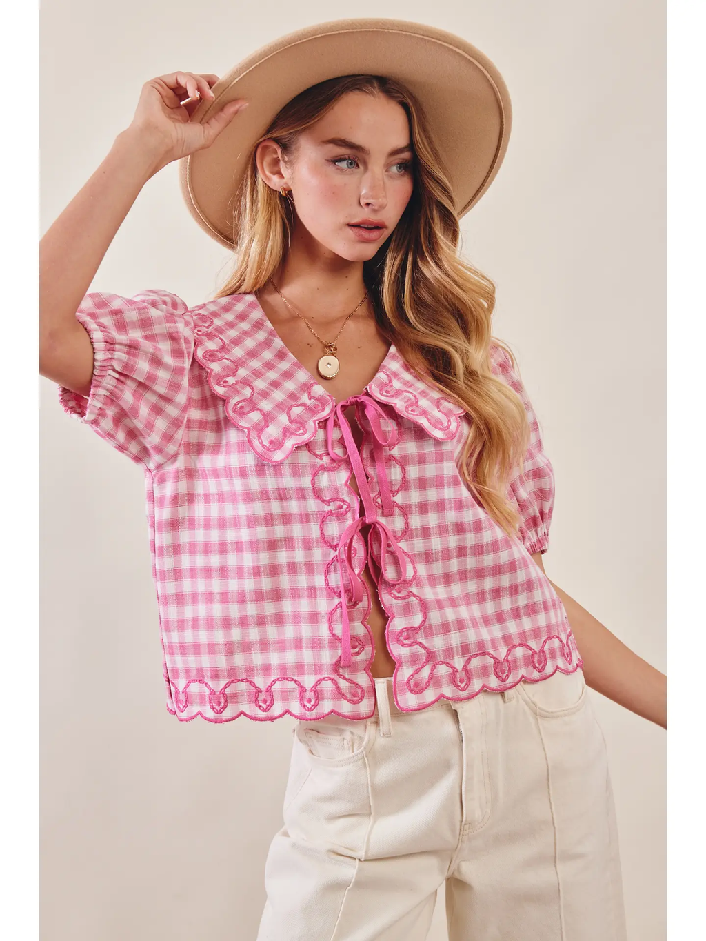 Gingham Embroidered Tie-Front Blouse - PUNCH