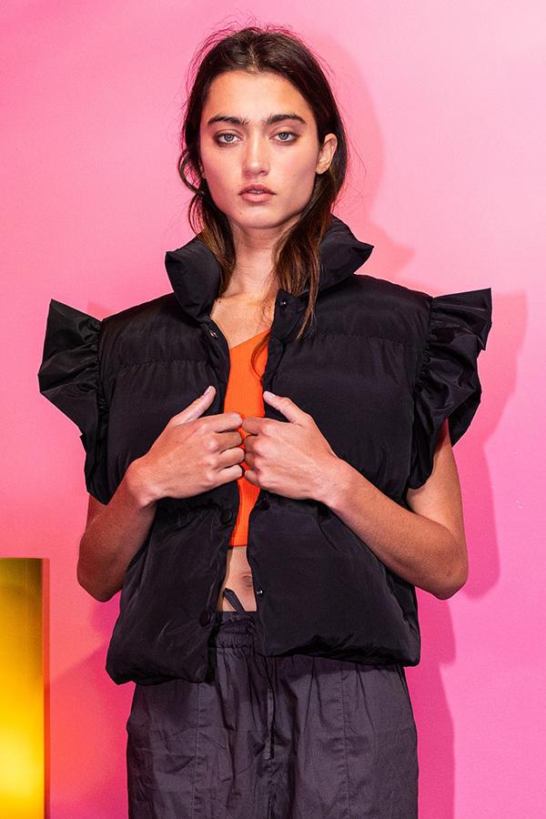 Ruffle Sleeve Crop Down Vest - Black