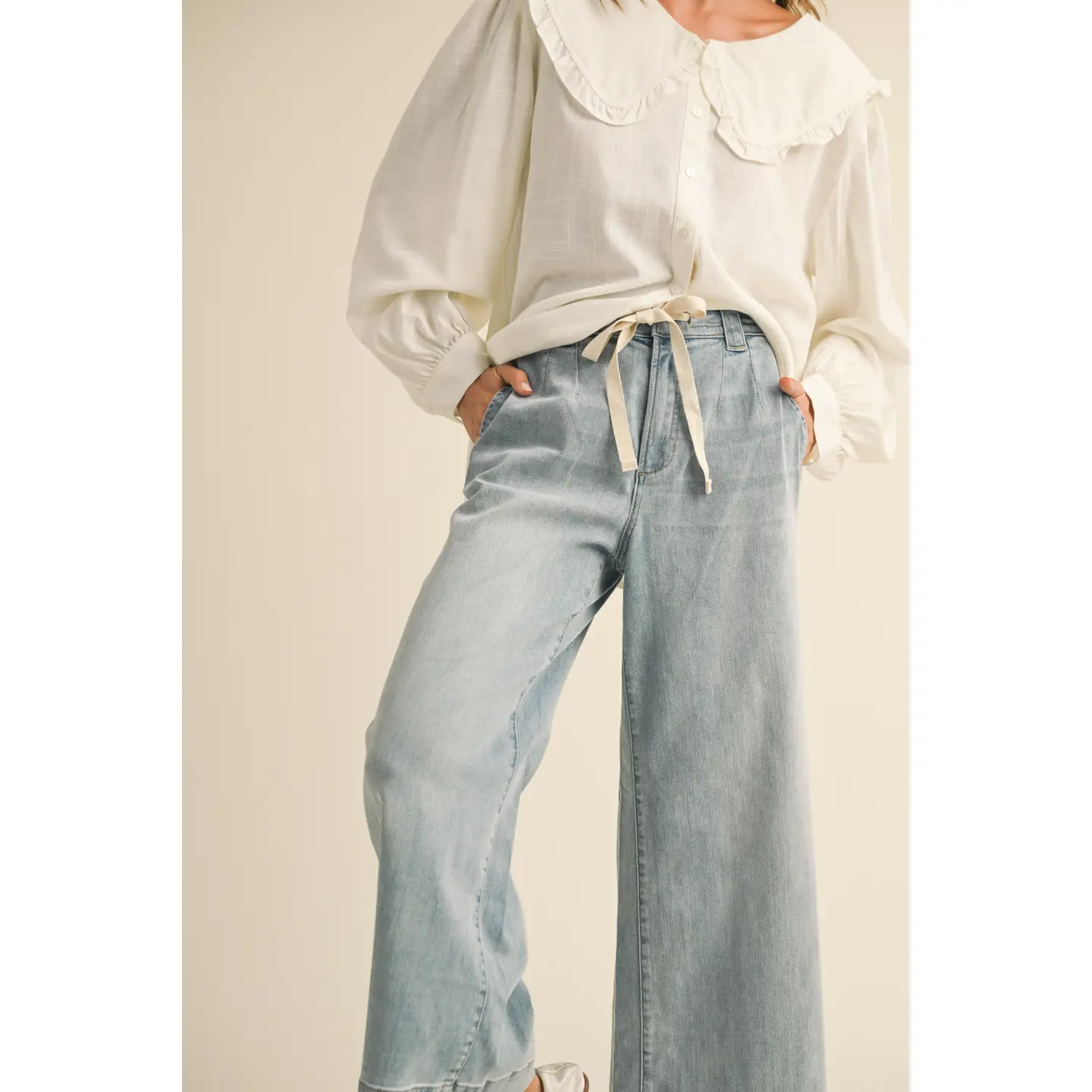 Washed Denim with Tie Front Pants