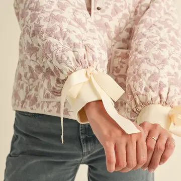 Floral Quilted Jacket with Ribbon Detail - IVORY PINK FLORAL