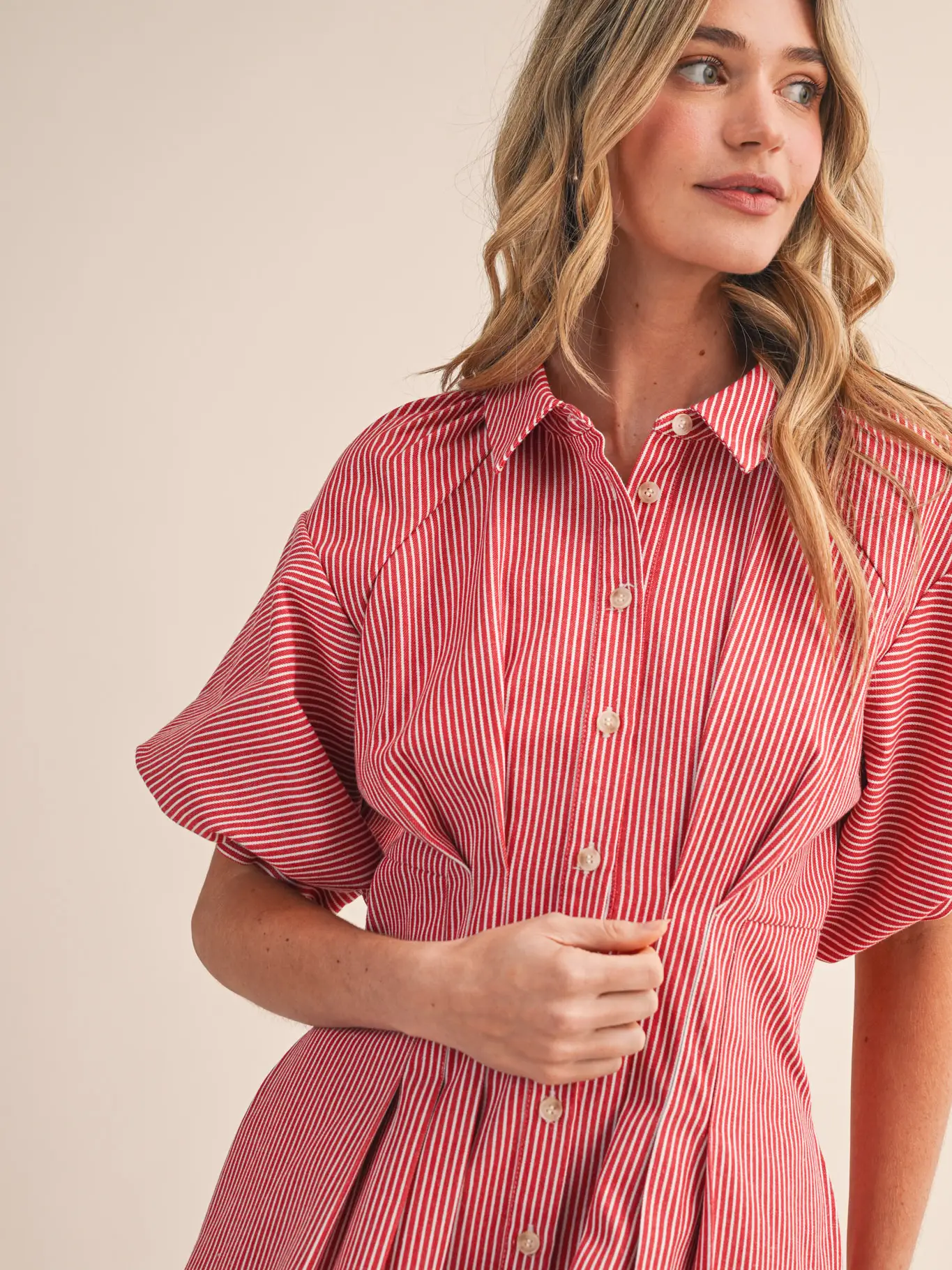 Striped Pleated Waist Button Down Mini Dress - RED STRIPE