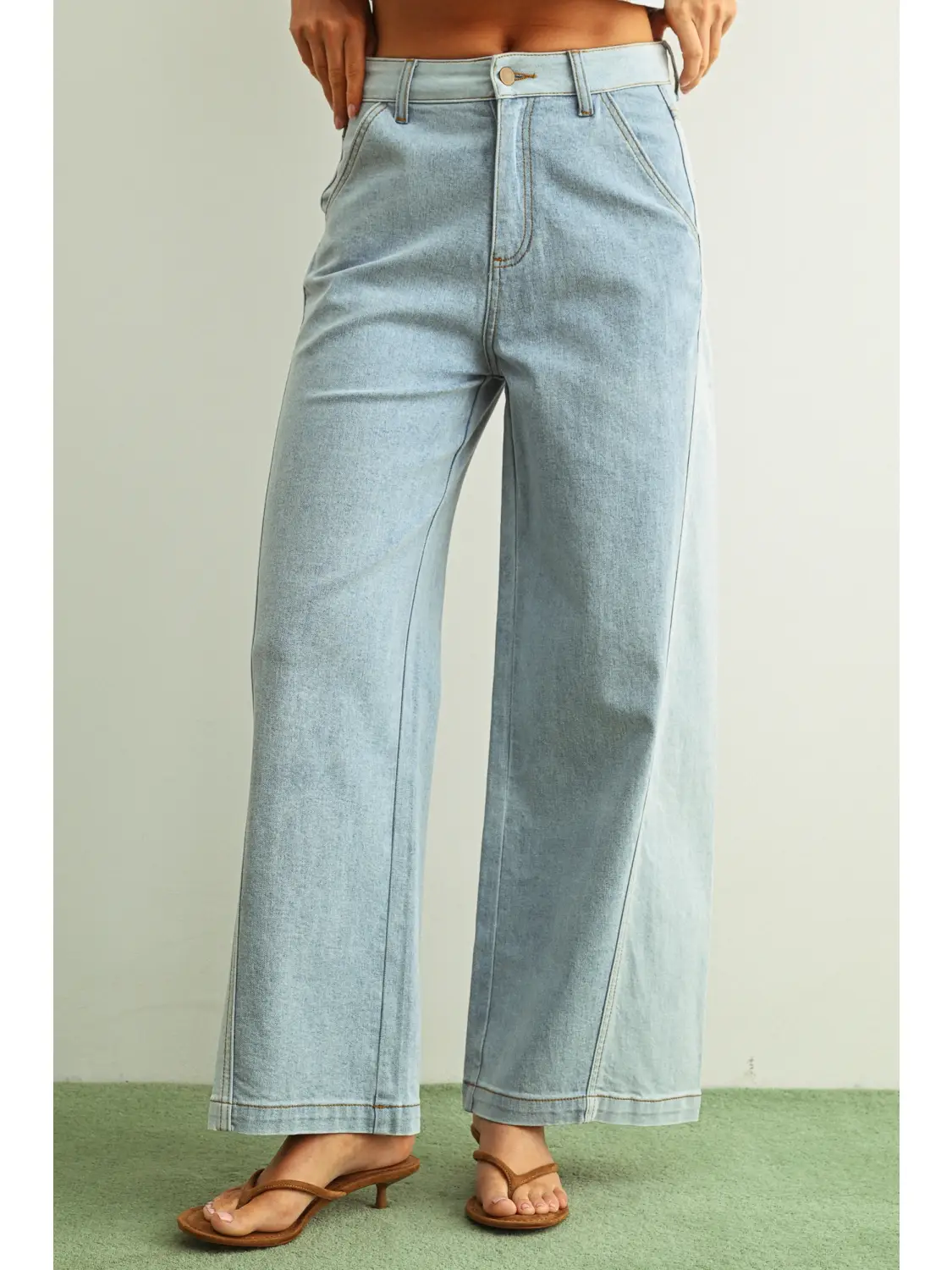 Denim Color Blocked Wide Straight Leg Pants