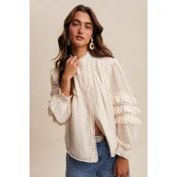 Lace Ruffle Sleeve Pintuck Blous - CREAM