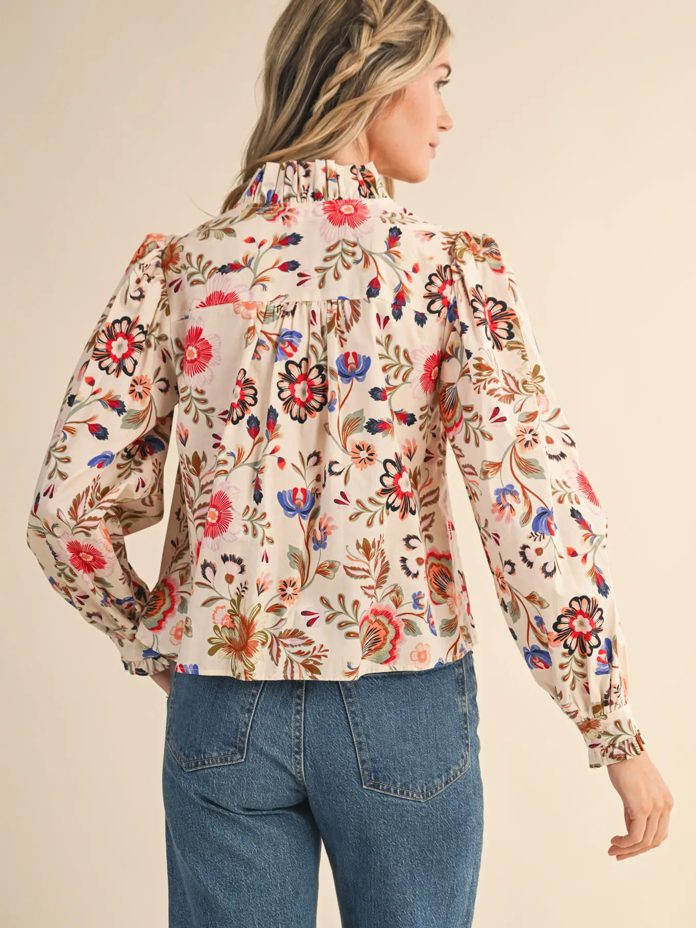 Exclusive Floral Print Ruffled Button Down Top - CREAM MULTI