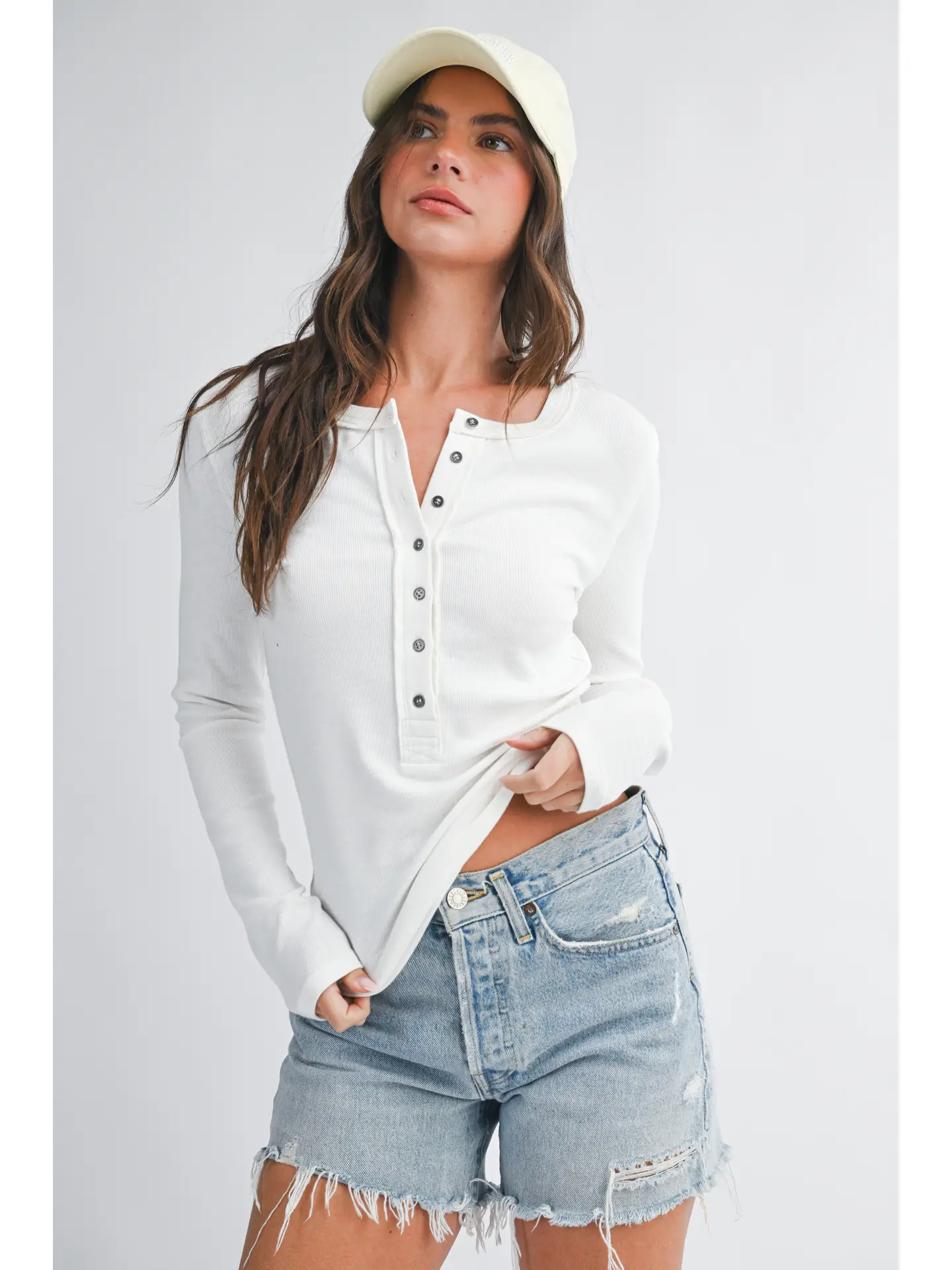 Henley Long Sleeve Top - WHITE