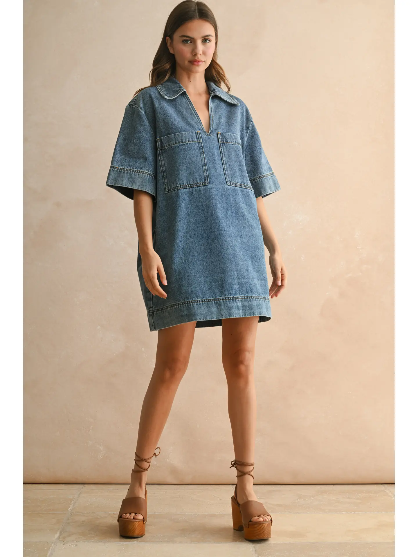 V-Neck Denim Tunic Dress - Denim