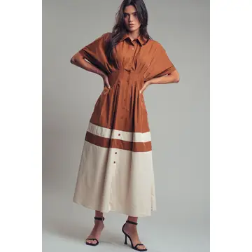 Colorblock Button-Up Cotton Midi Dress - BROWN