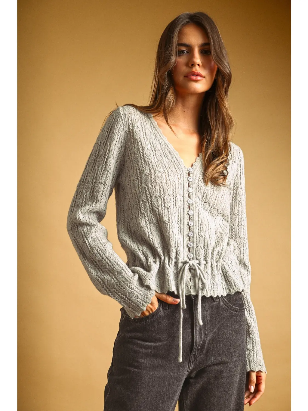 Lace Knit with Drawsting On Waist Knit Cardigan - LT GREY