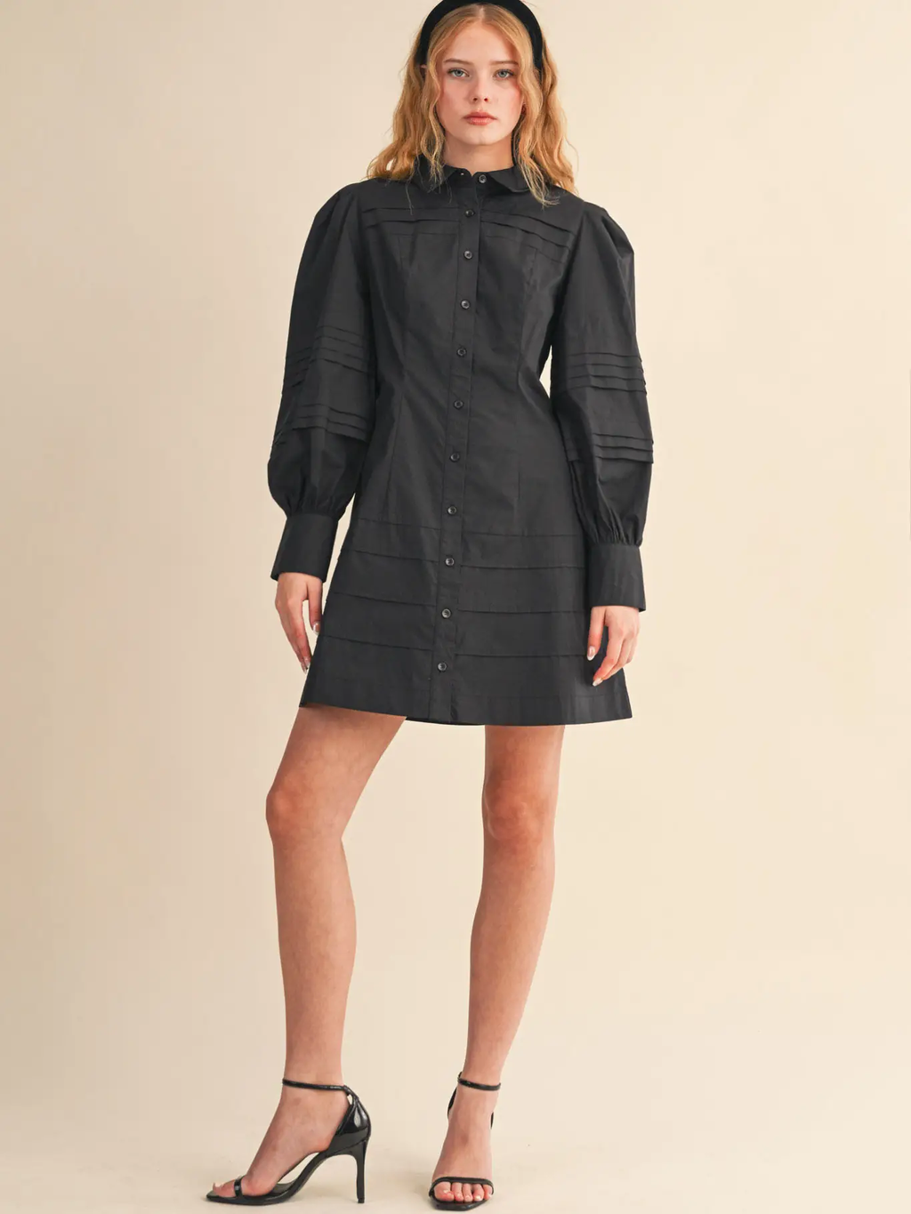 Pin Tuck Detail Button Down Mini Dress - BLACK