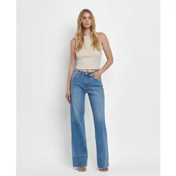 High Rise Raw Hem Wide A Line Jeans - LEGITIMATE
