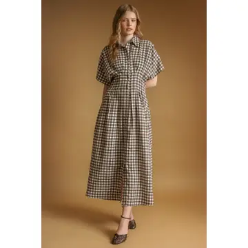 Gingham Pattern Button Down Shirt Dress - Brown/Cream