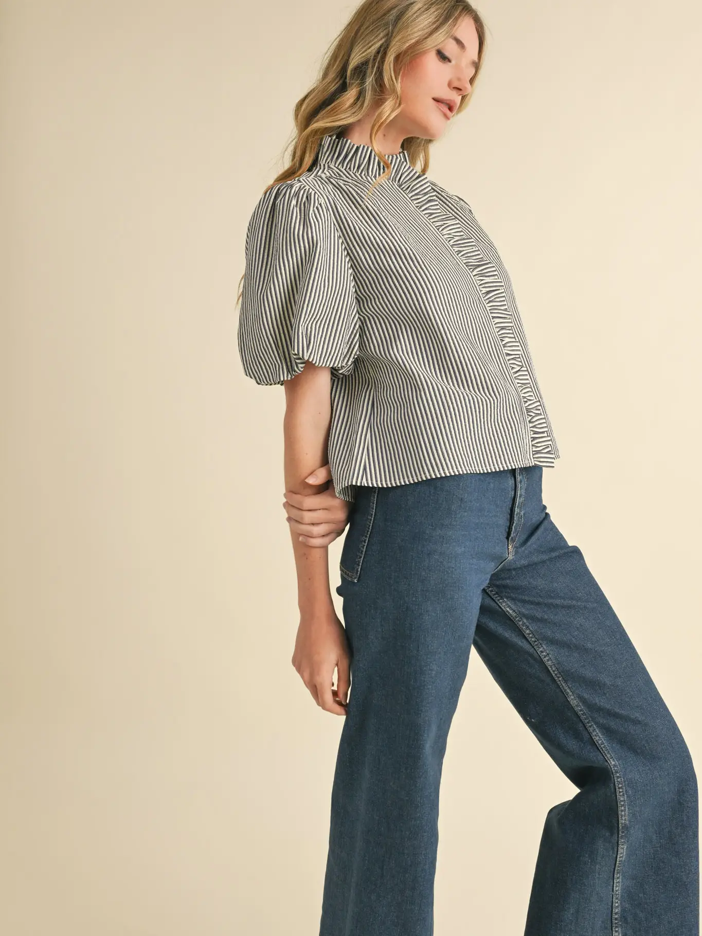 Striped Ruffle Button Down Top - DARK DENIM