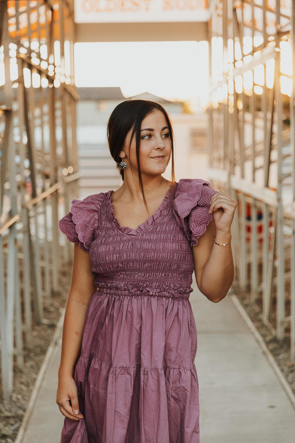 Cotton Poplin Ruffle Slv Smocked Bodice Midi Dress - Grape Nectar
