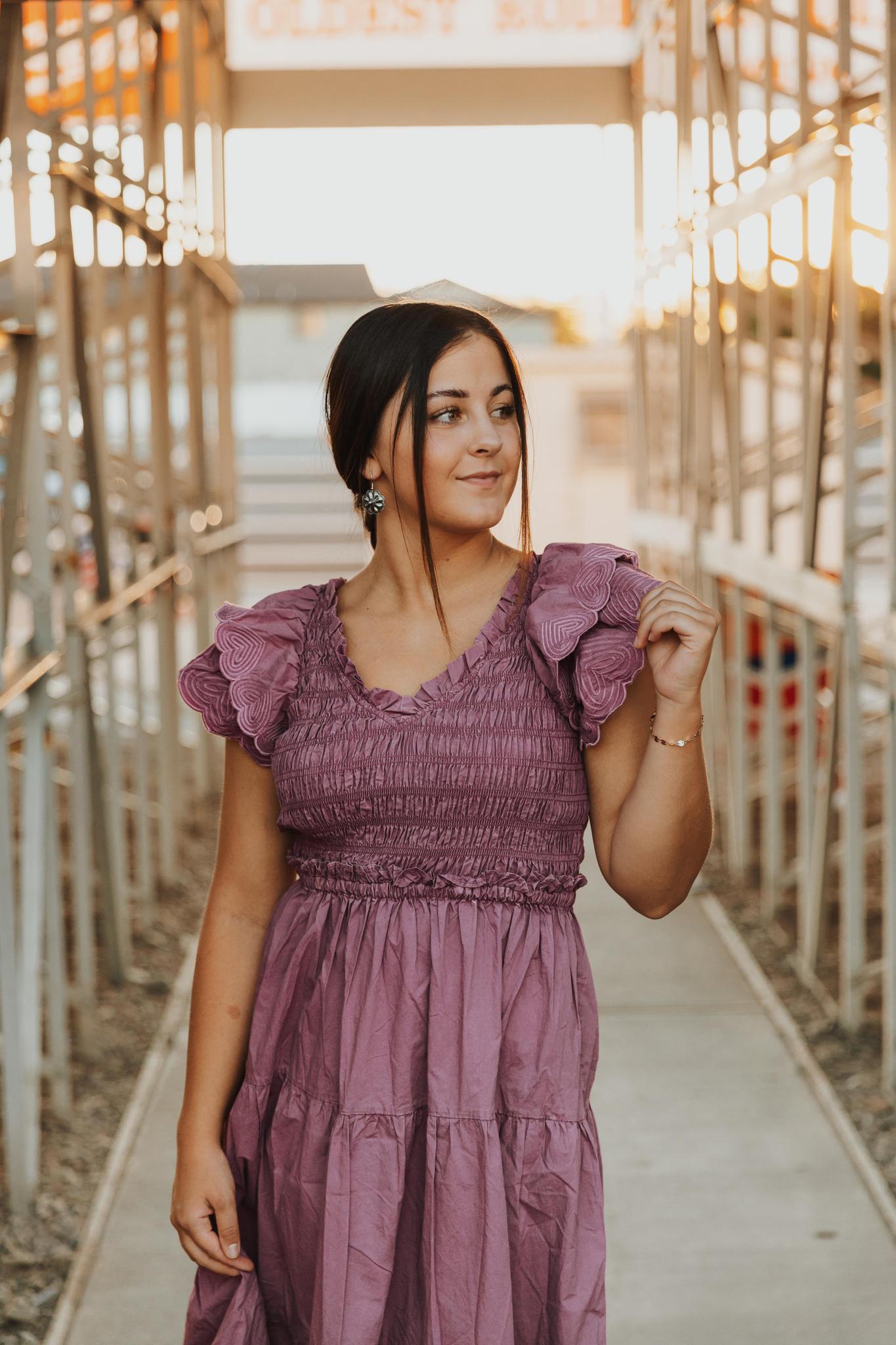 Cotton Poplin Ruffle Slv Smocked Bodice Midi Dress - Grape Nectar