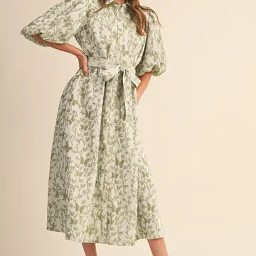 Jacquard Bubble Sleeve Button Down Midi Dress  - SAGE GREEN