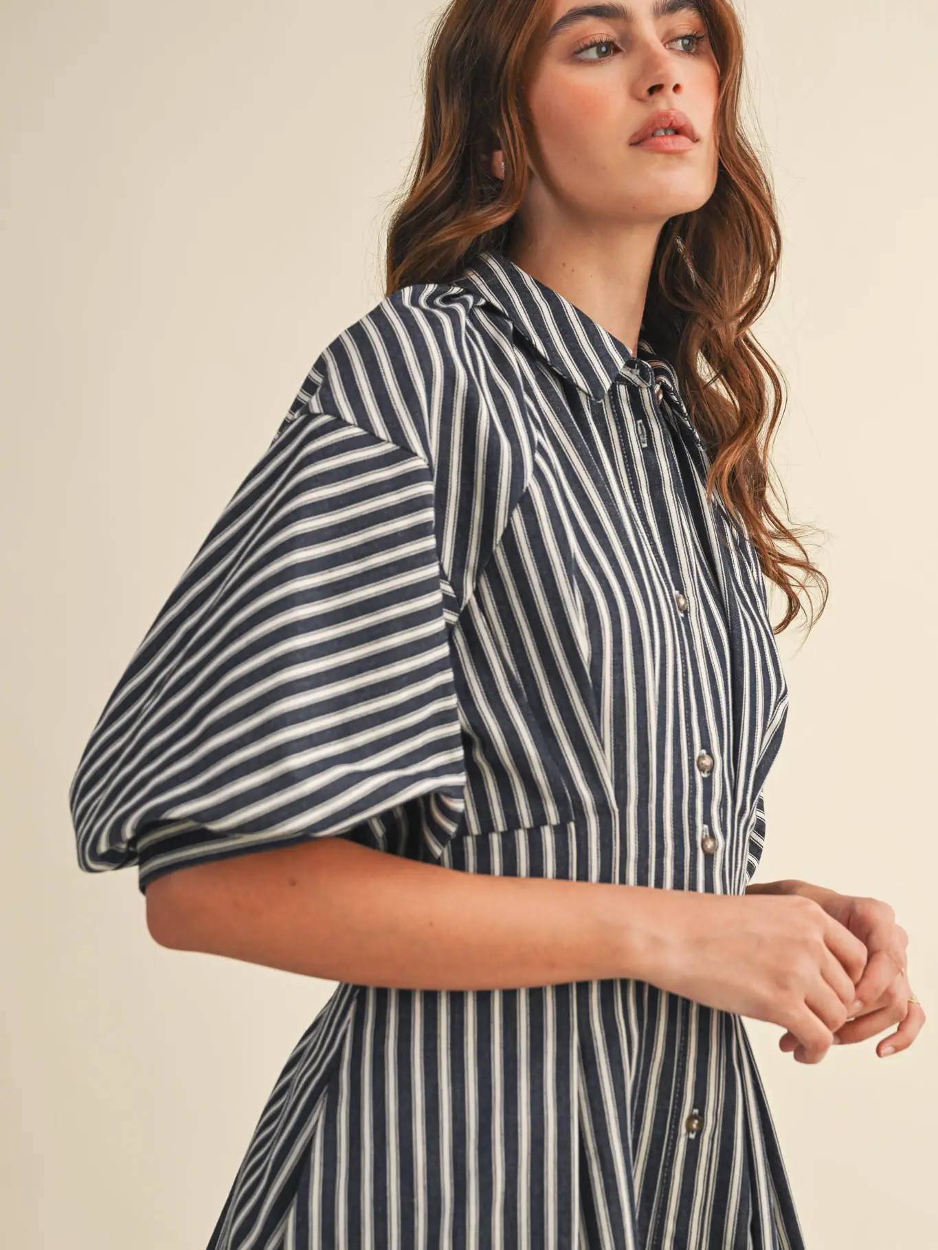 Striped Denim Bubble Sleeve Mini Dress - DENIM BLUE