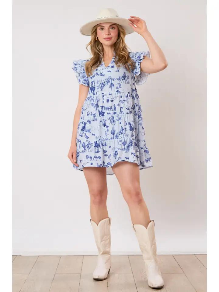 Western Print Sleeveless Mini Dress - Blue