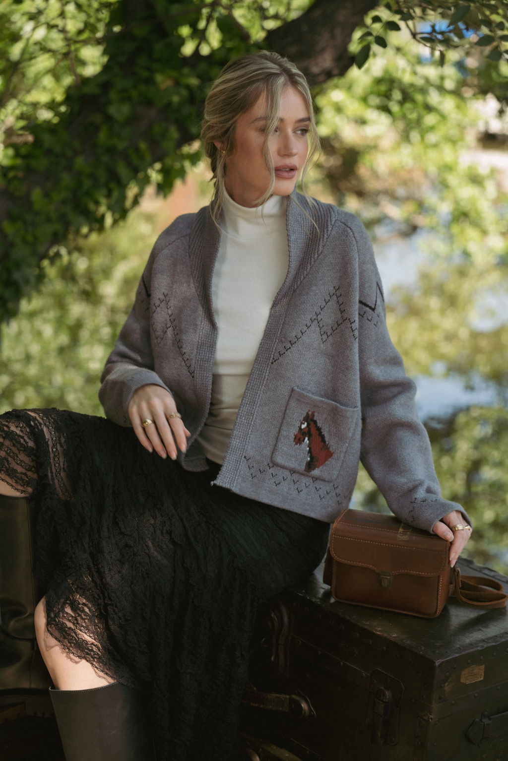 Horse Knit Sweater Cardigan - Dark Grey