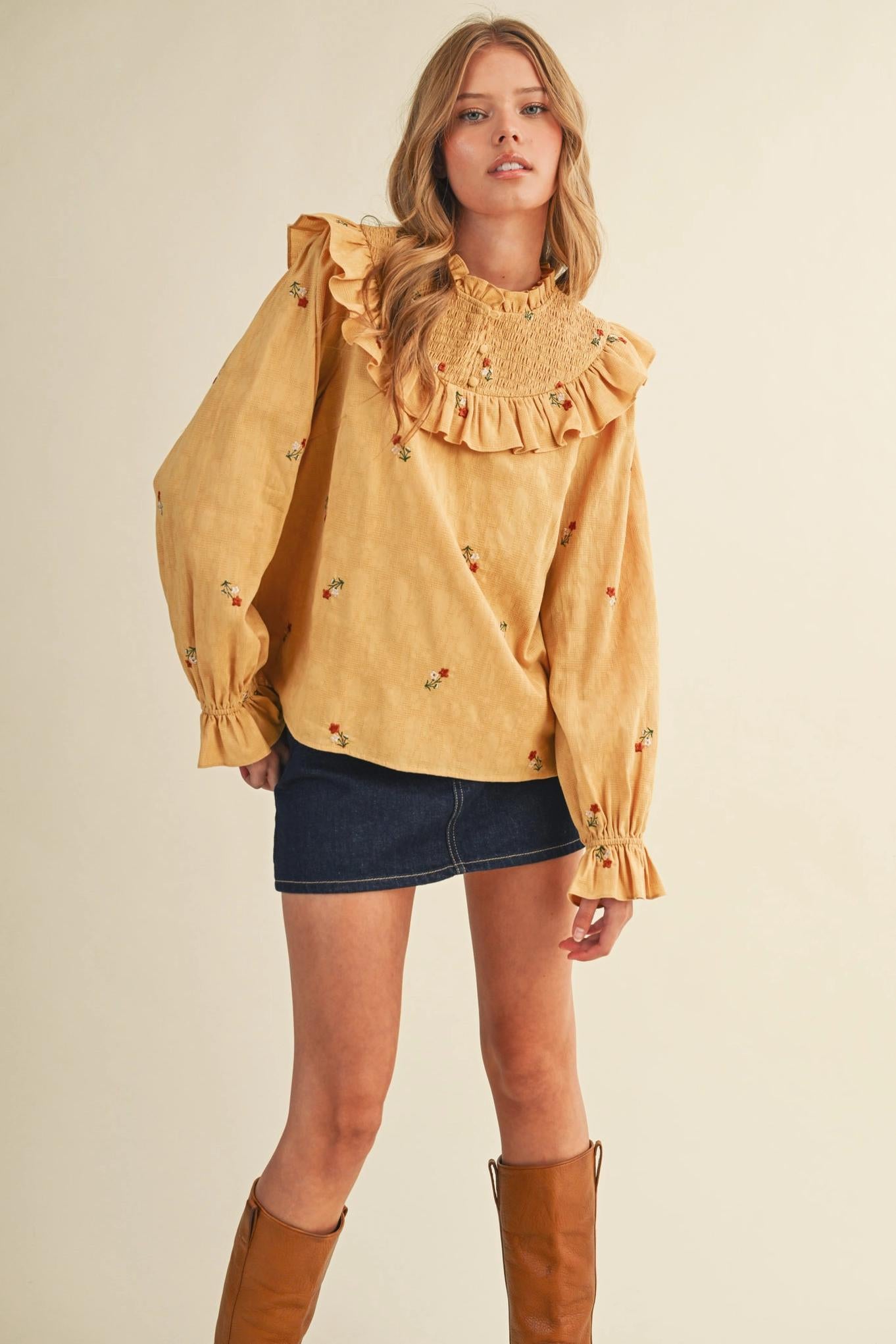Ruffled Smocked Yoke Embroidered Blouse