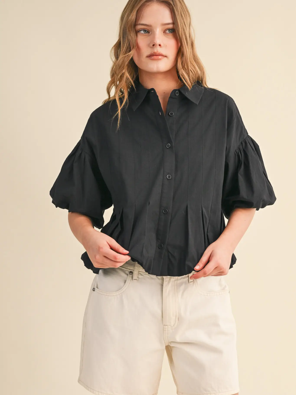 Pleated Bubble Hem Button Down Top - BLACK