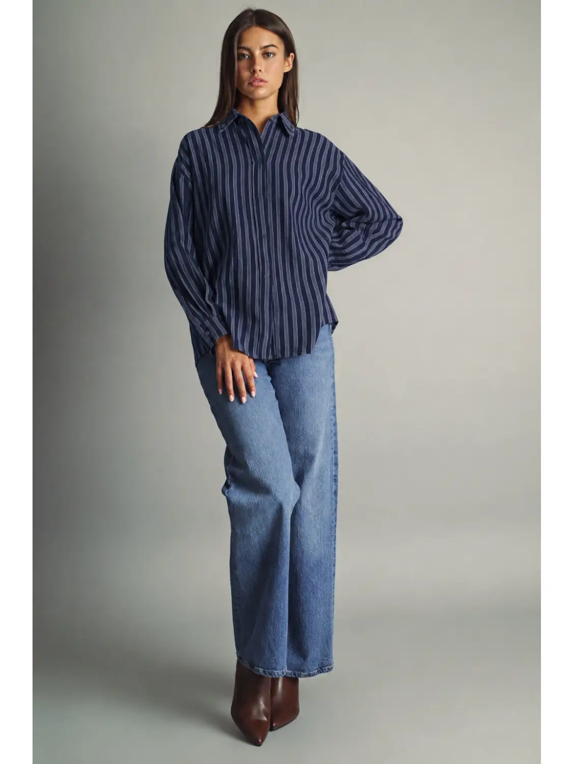 Brush Line Effect Button Down Shirts - NAVY