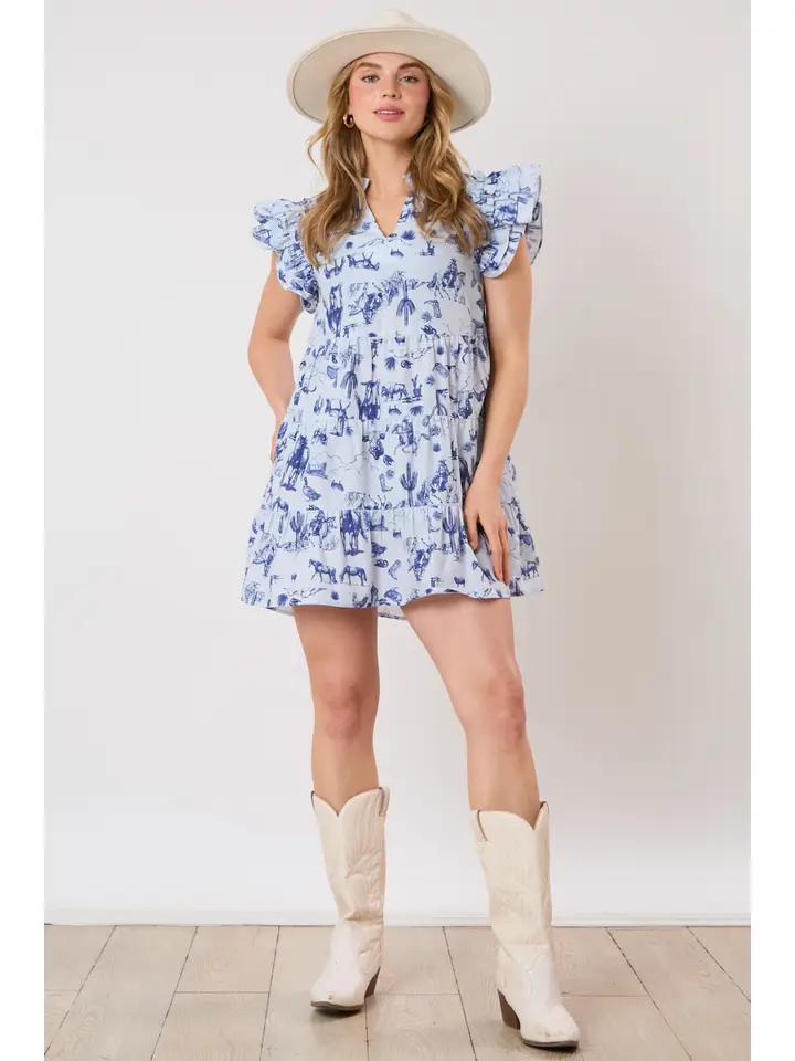 Western Print Sleeveless Mini Dress - Blue
