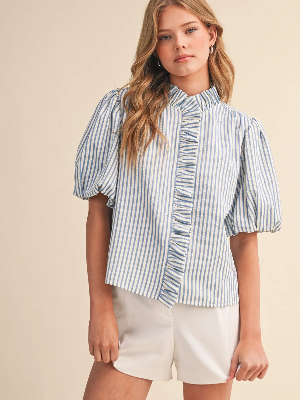 Striped Ruffled Button Down Top - AZULE BLUE