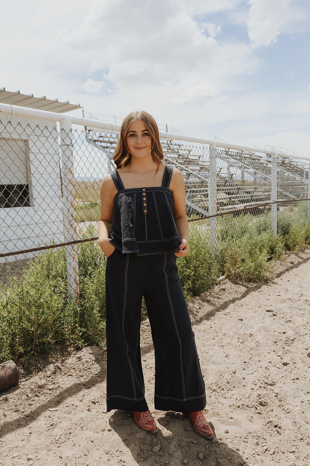 Stitch Detailed Wide Leg Linen Pants - Navy
