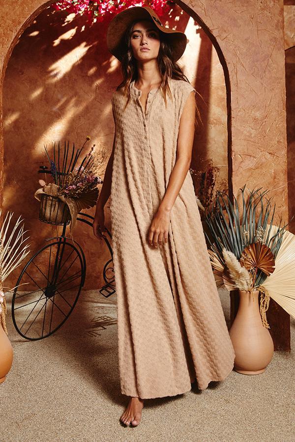 Wide Leg Chess Board Textured Brushed Knit Jumpsuit - TAUPE