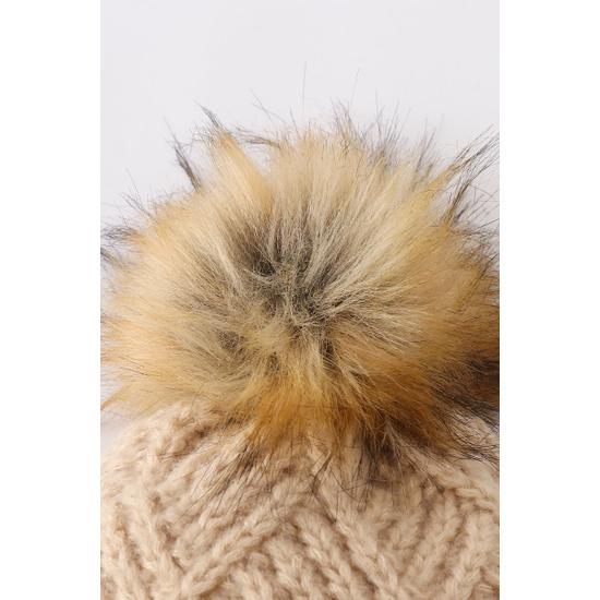 ALMOND CROSS CABLE KNIT POM POM BEANIE