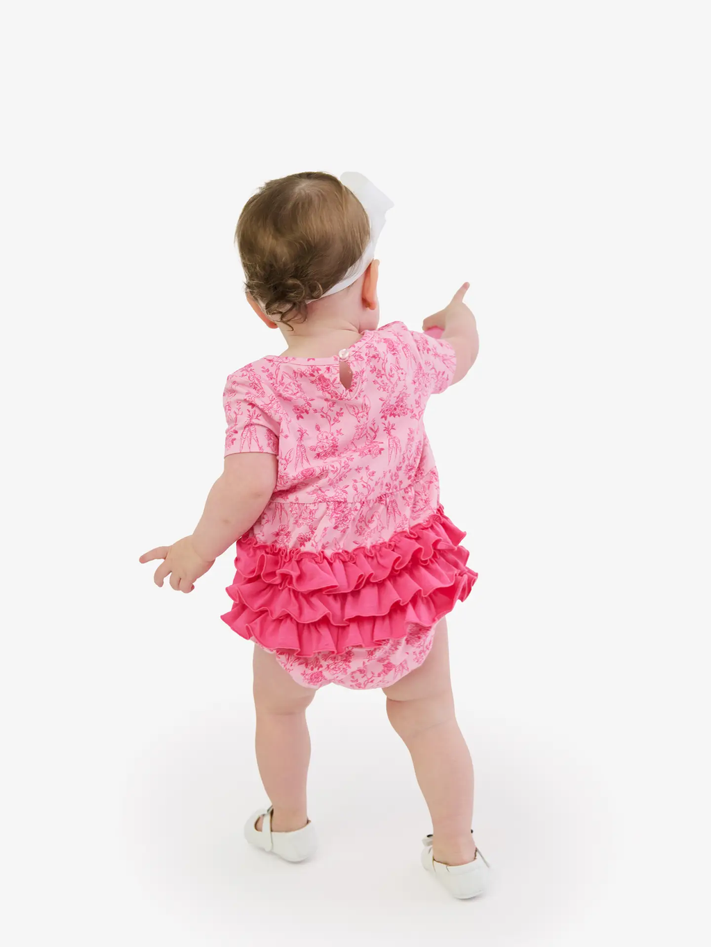 Baby Girls Pink Cottontail Toile Knit Short Sleeve Bow Bubble Romper