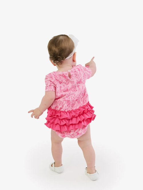 Baby Girls Pink Cottontail Toile Knit Short Sleeve Bow Bubble Romper