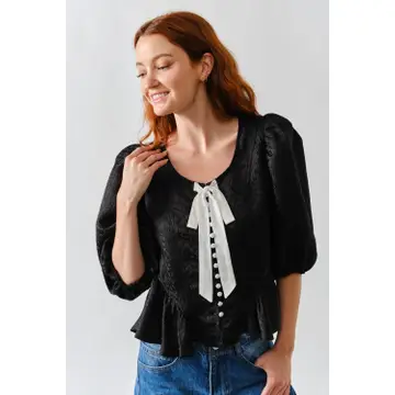 Jacquard Puffy Sleeve Bow Tie Top W/Ruffle Hem - Black