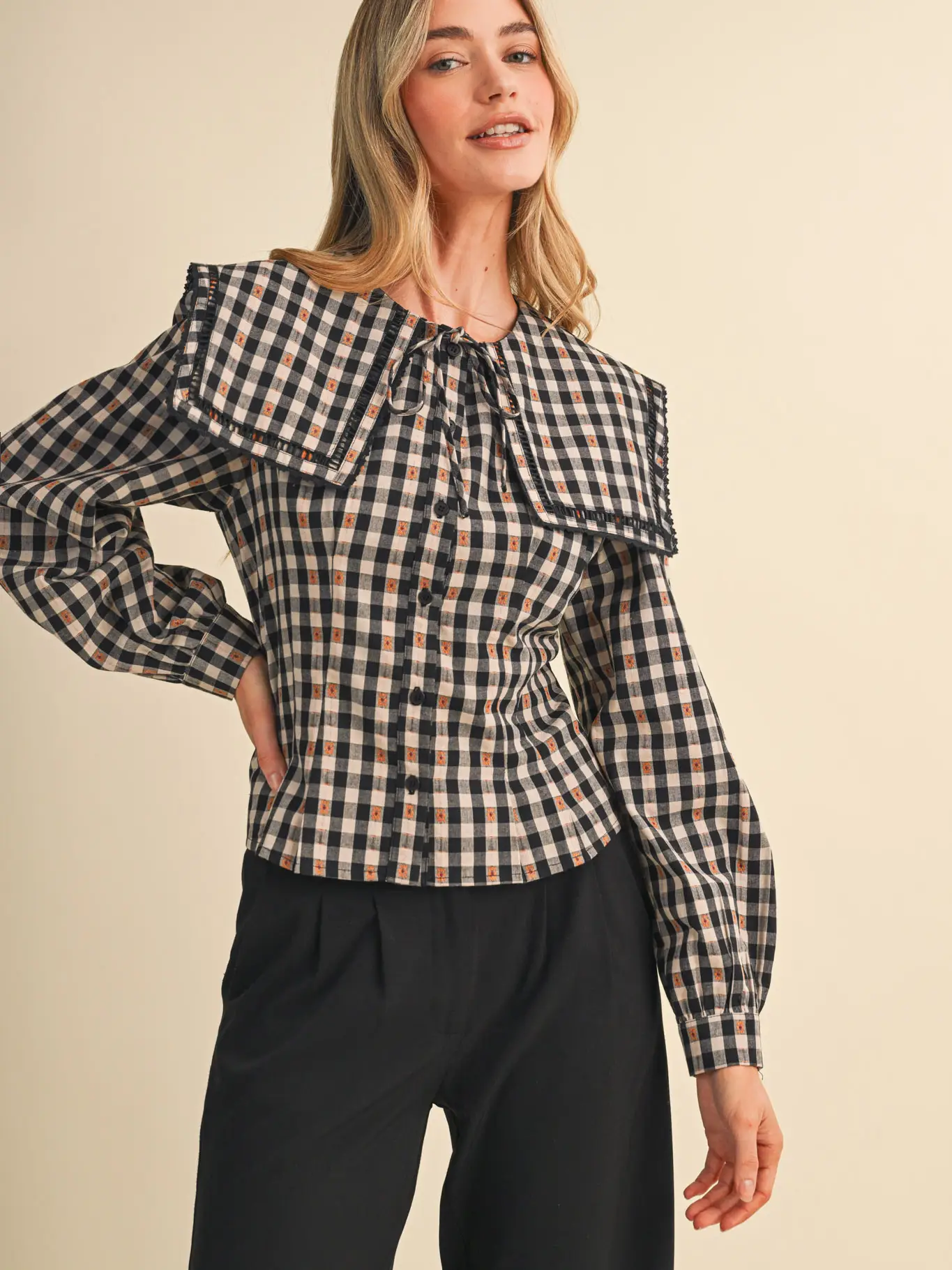 Gingham Pilgrim Collar Button Up Top