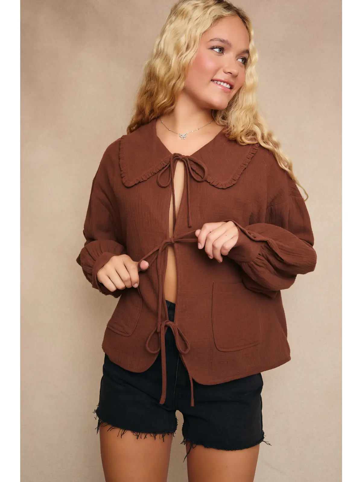 Collared Front Tie Gauze Jacket - BROWN