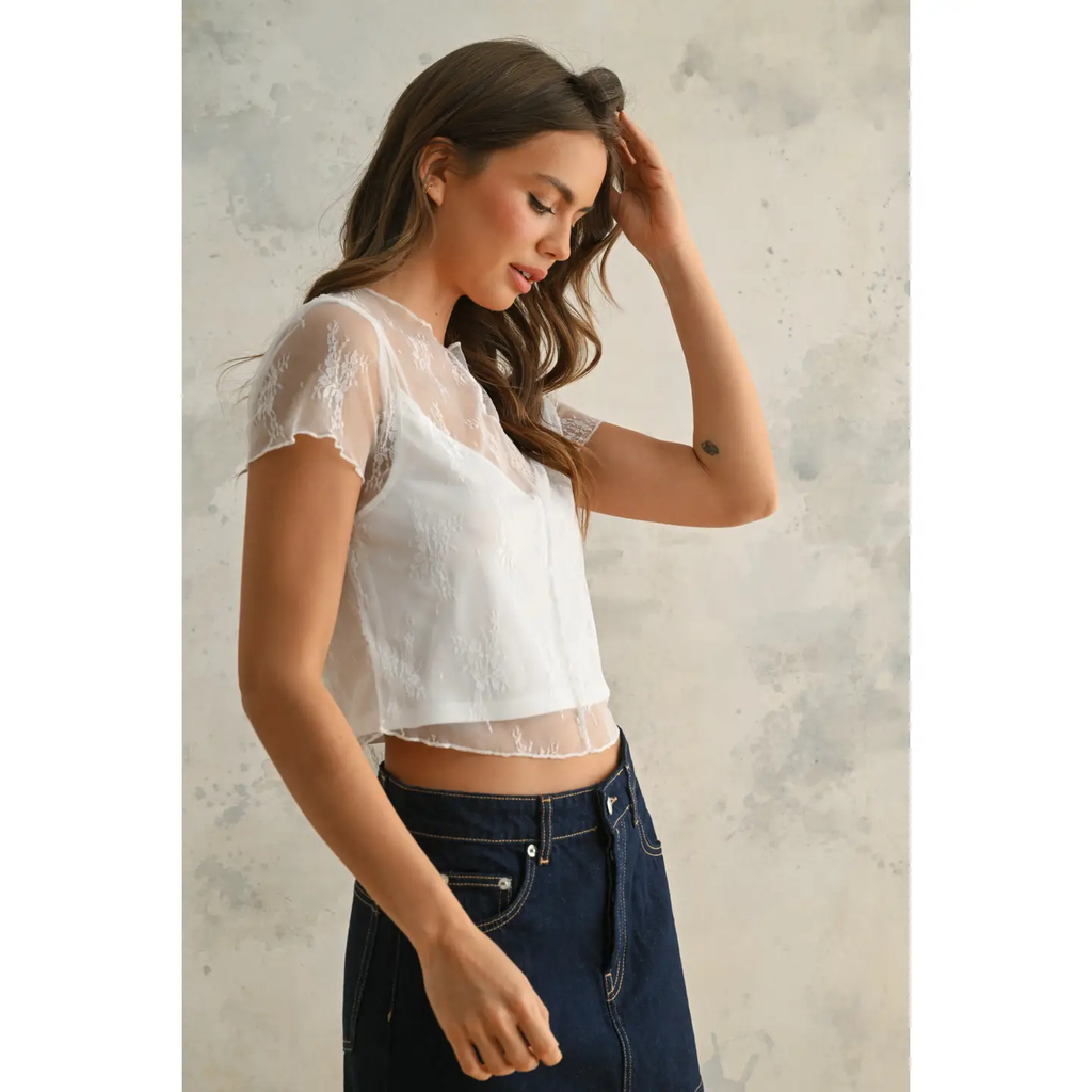 Lace Fabric with Tank Top Lined Top - White
