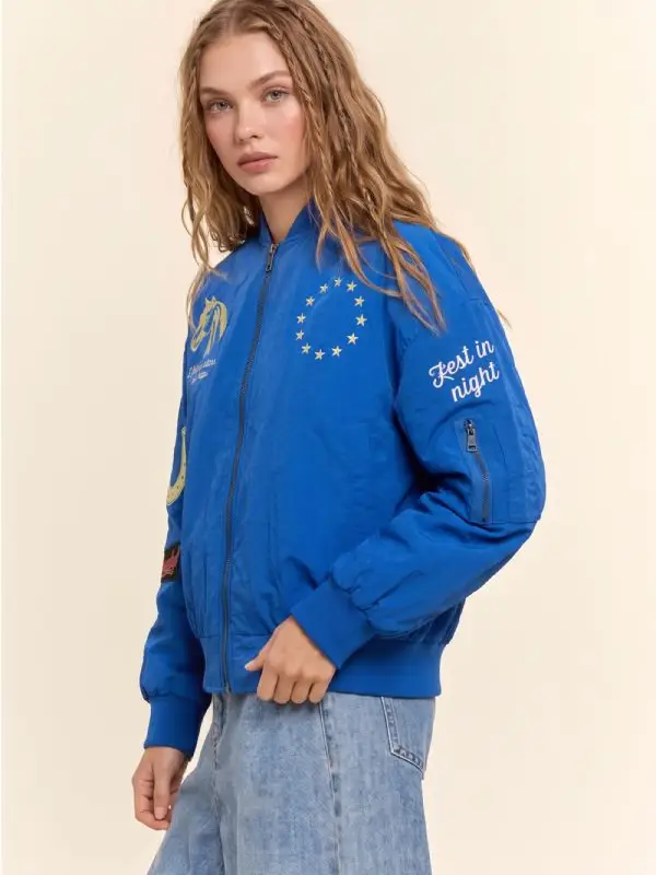 Embroidered Horse and Stars Bomber Jacket - BLUE