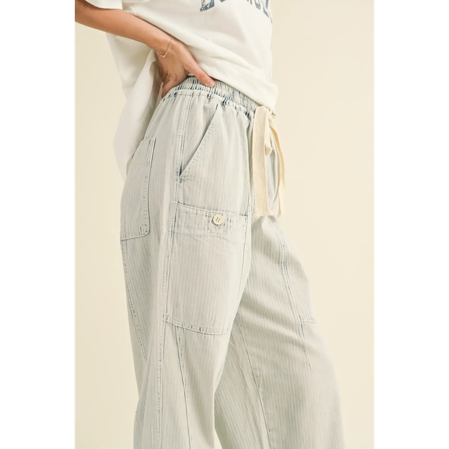Stripe and Washed Effect Barrel Shape Pants
