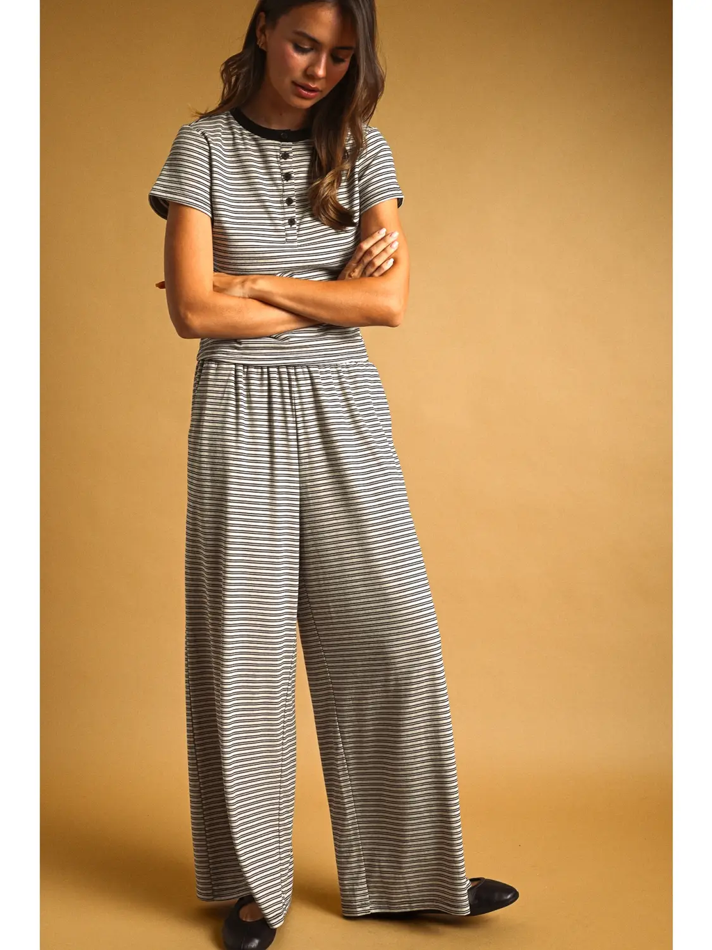Double Striped Pattern Half Snap Button Top - STONE