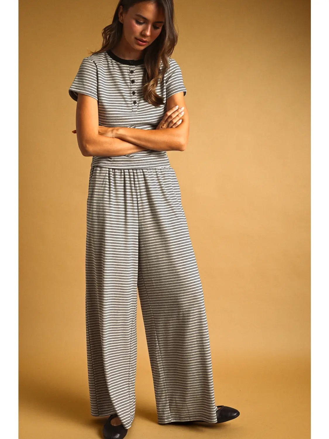Double Striped Pattern Half Snap Button Top - STONE