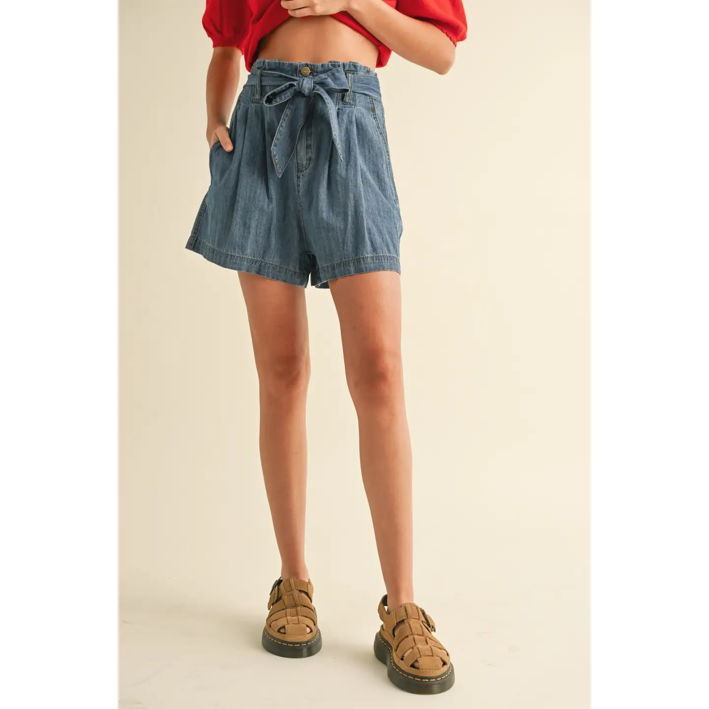 Chambray Denim Paperbag Waist Shorts