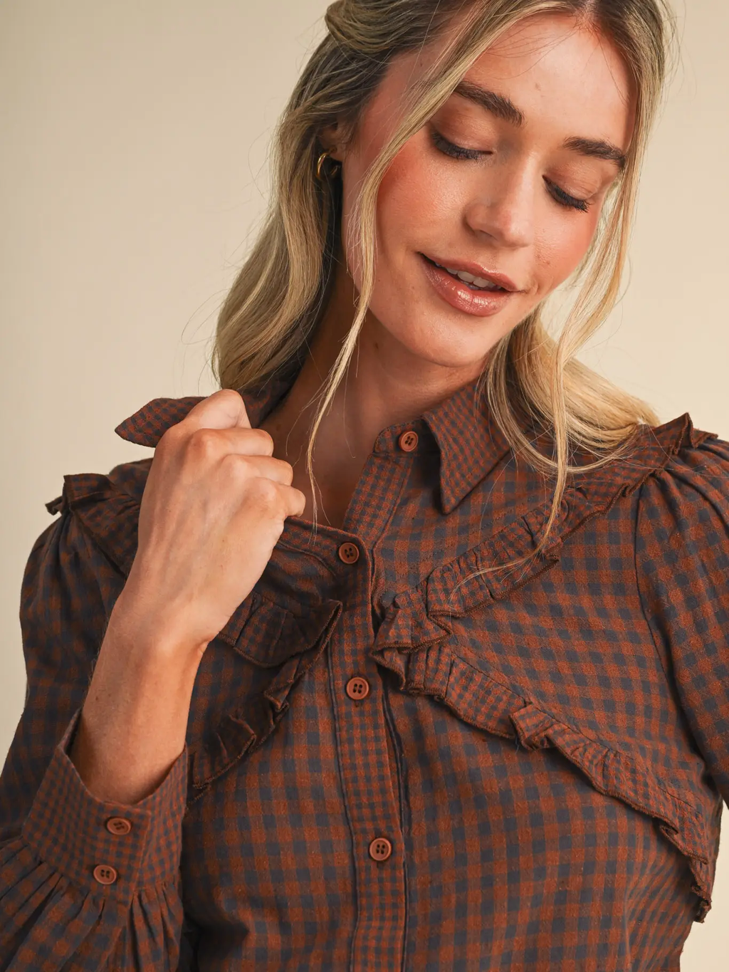 Ruffle Trim Checkered Button Down Top
