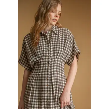 Gingham Pattern Button Down Shirt Dress - Brown/Cream