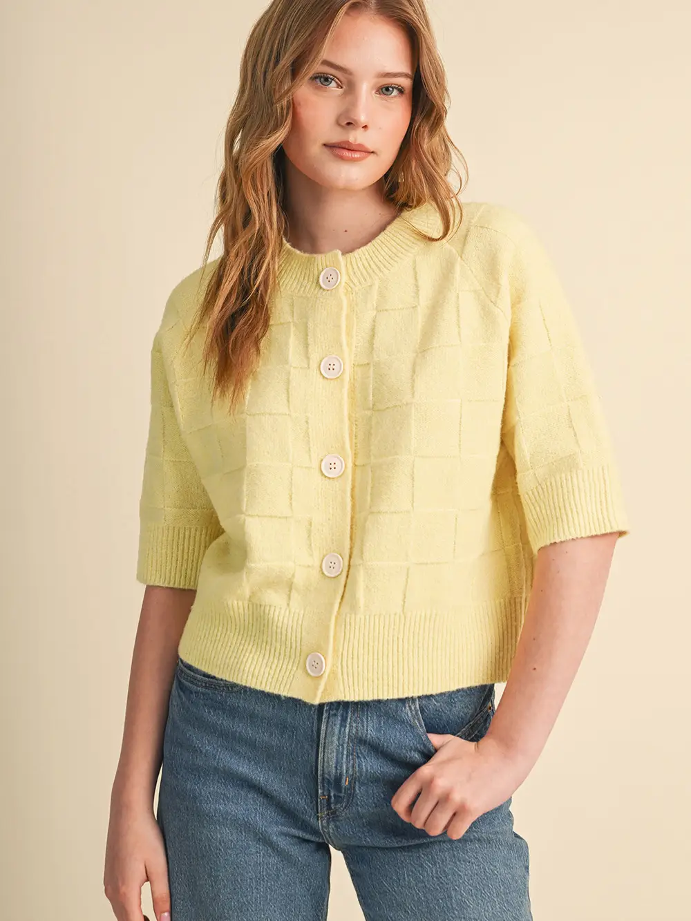 Basket Weave Knit Short Sleeve Sweater Cardigan - MULTIPLE COLORS