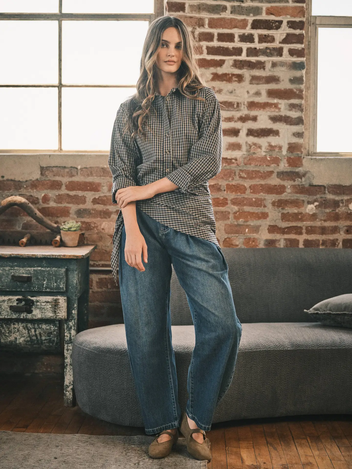 Vintage Washed Pleated Barrel Denim Pants