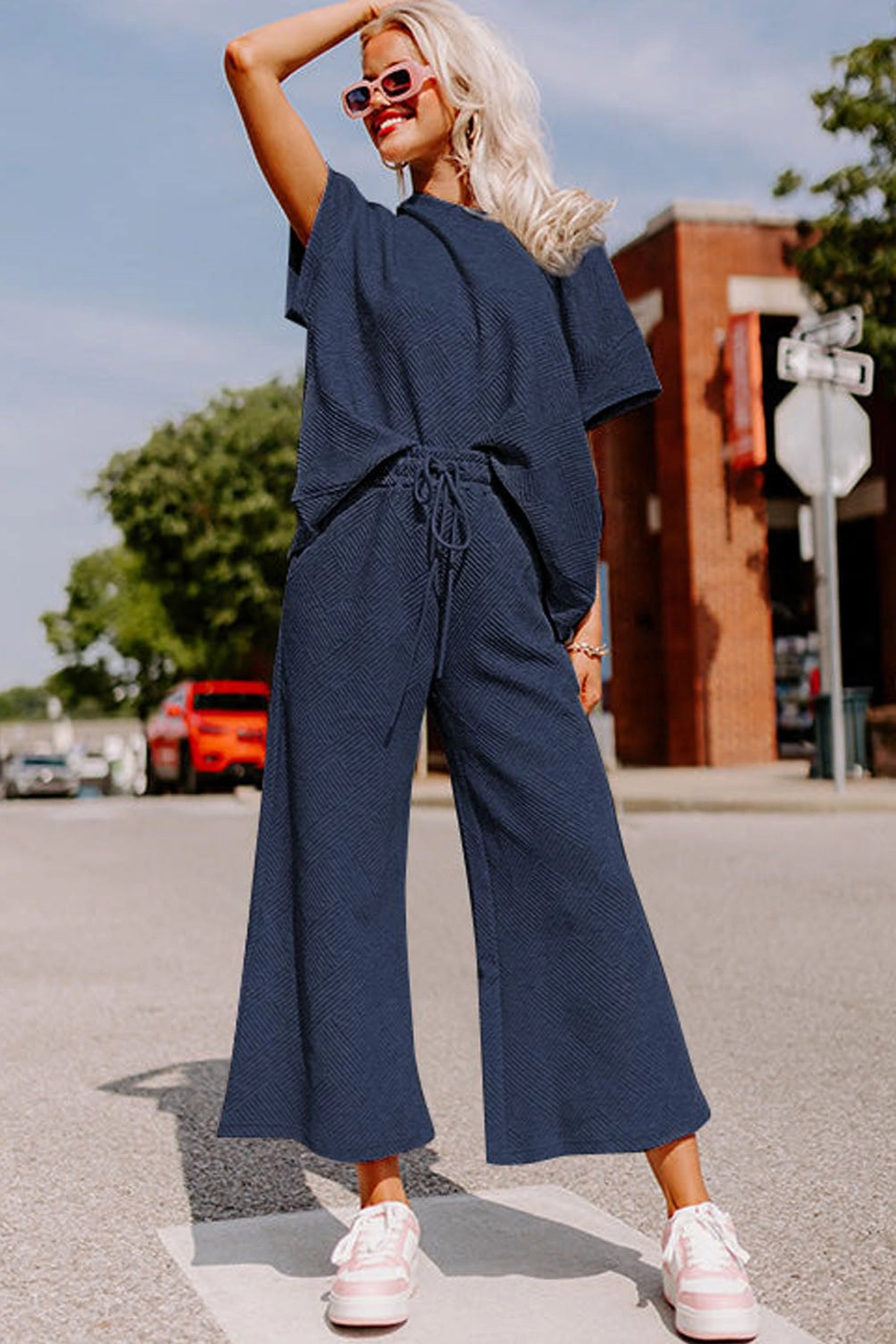 Navy Textured Loose Fit T Shirt and Drawstring Pants Set