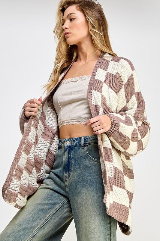Check Dropped Shoulders Cardigan - White & Mink